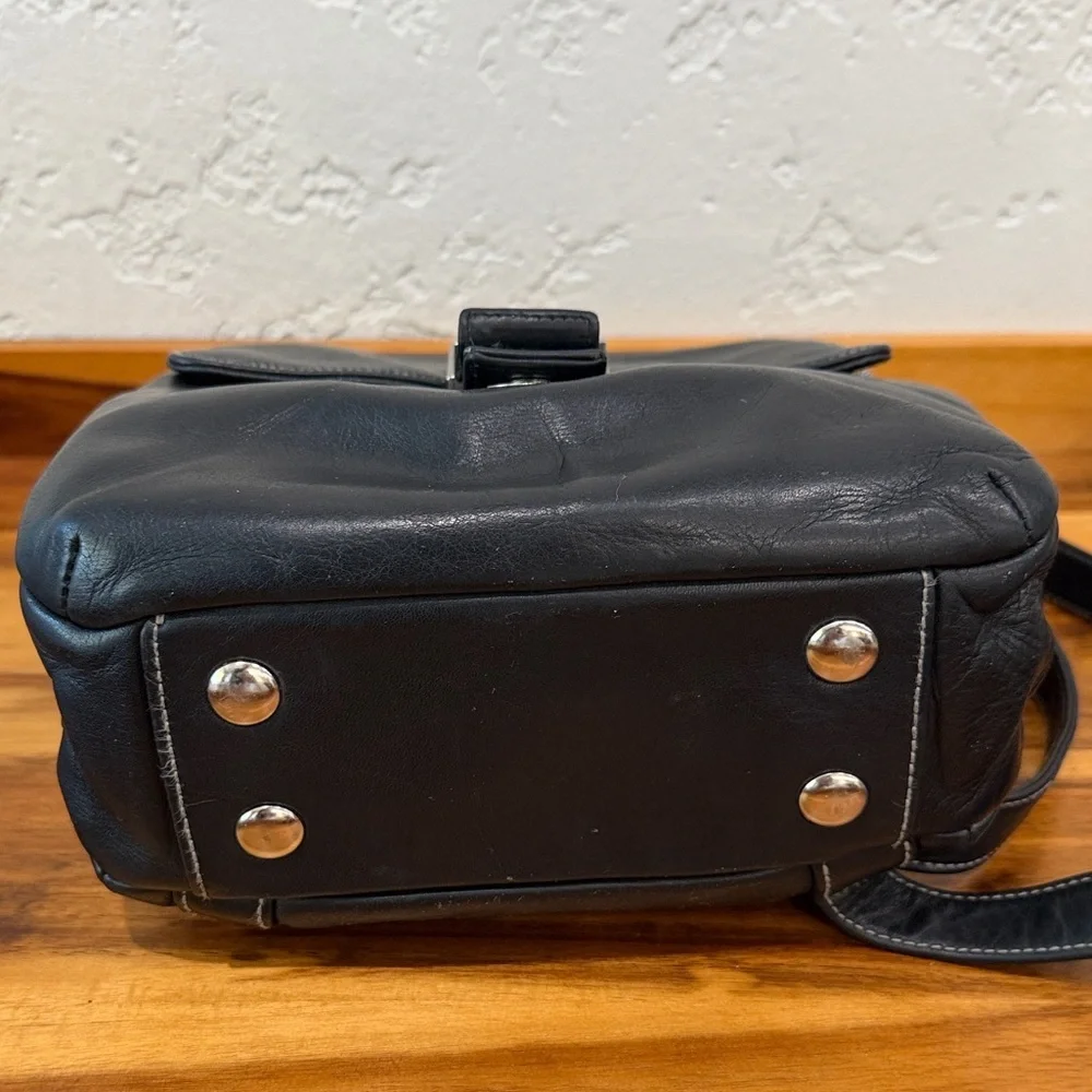 Perlina Black Leather Crossbody Messenger with Silver Accents